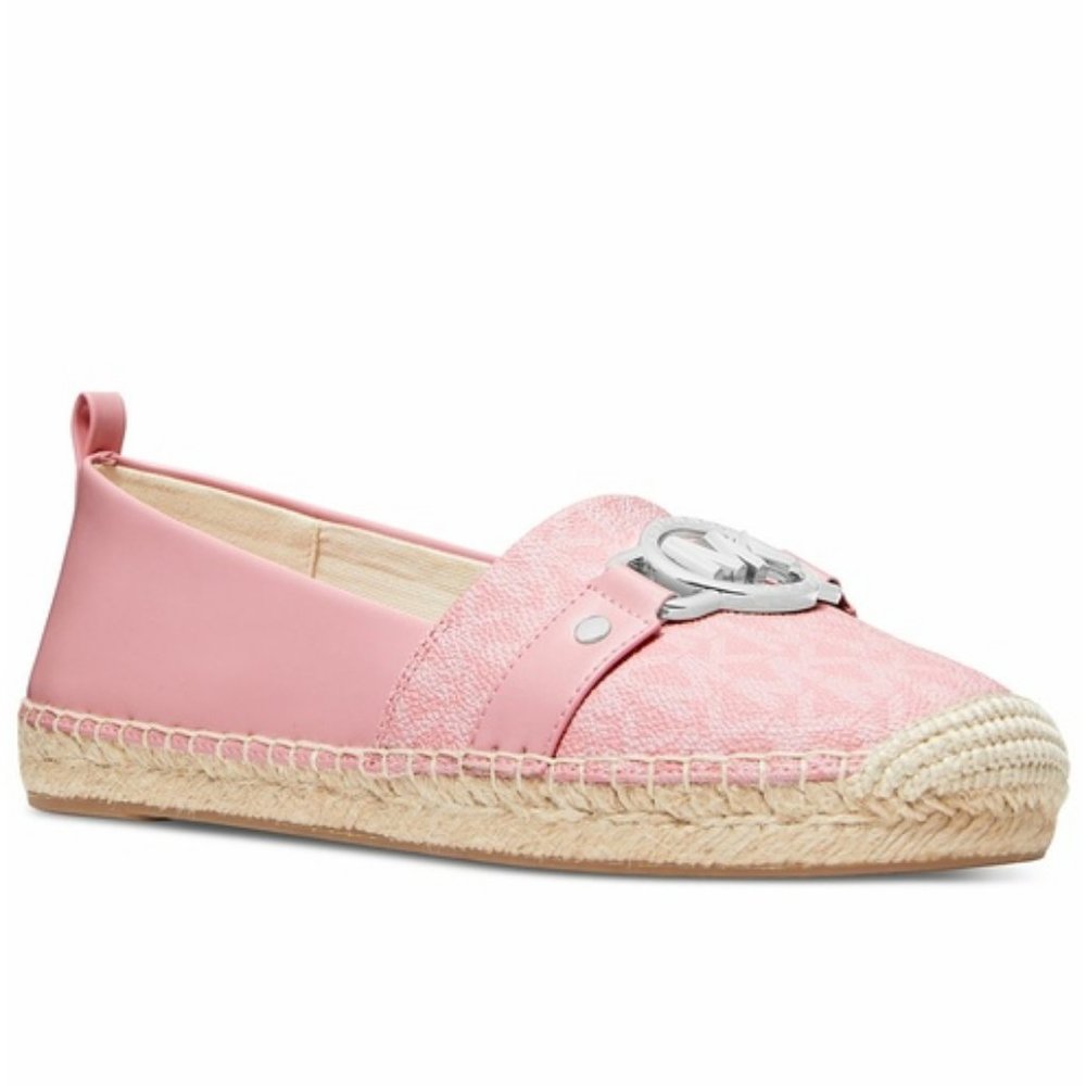 Michael Kors Rory MK Logo Shell Pink Slip On Espadrille Shoes Flats Loafers NEW